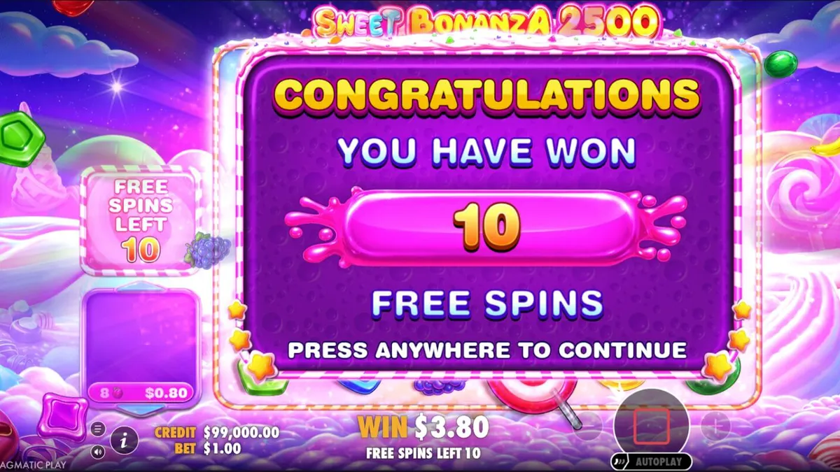 Tampilan visual penuh warna dari slot Sweet Bonanza 2500 dengan simbol permen dan buah